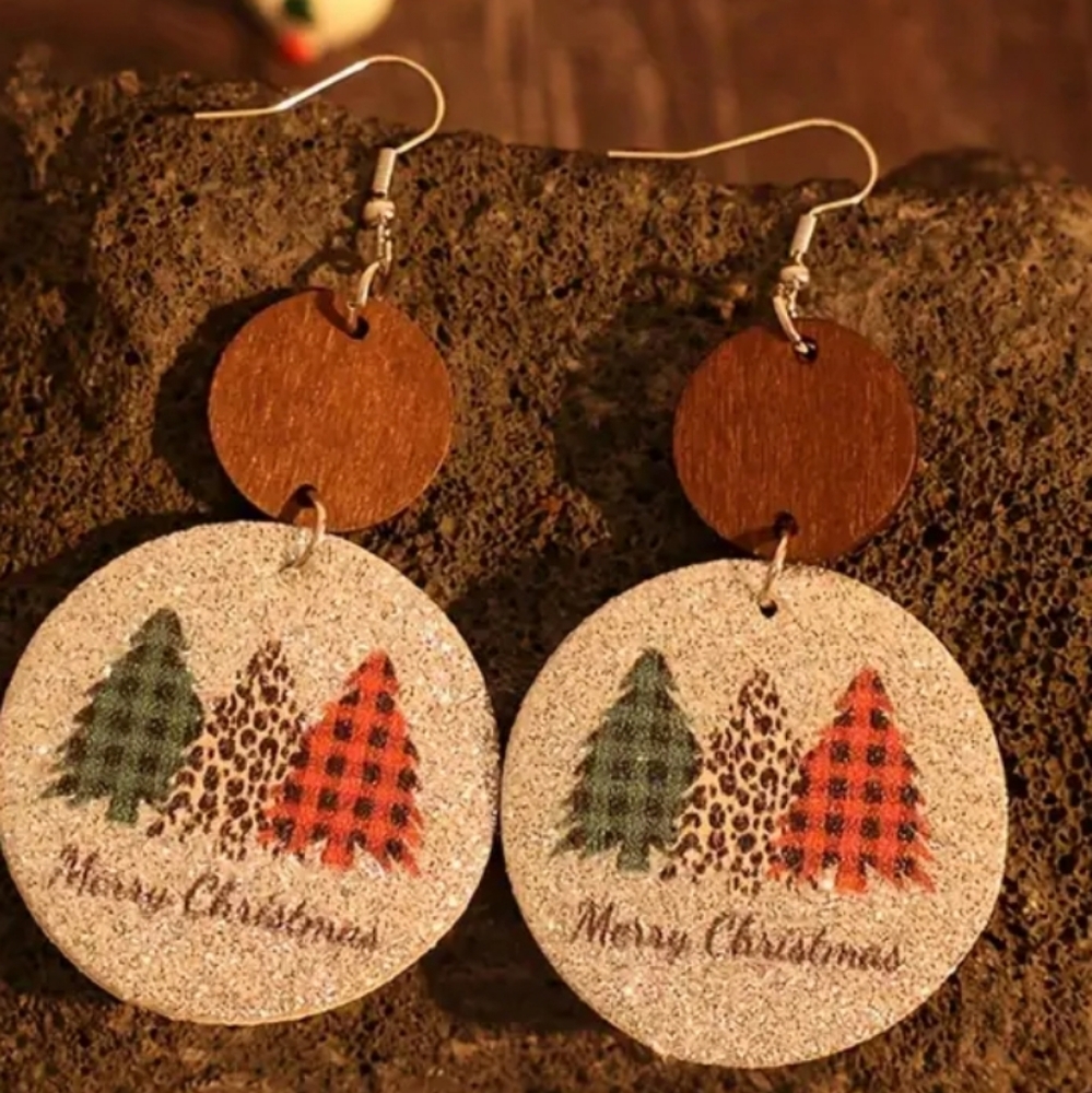 Festive Merry Christmas Wood & Glitter Drop Earrings – Red & Green Trees